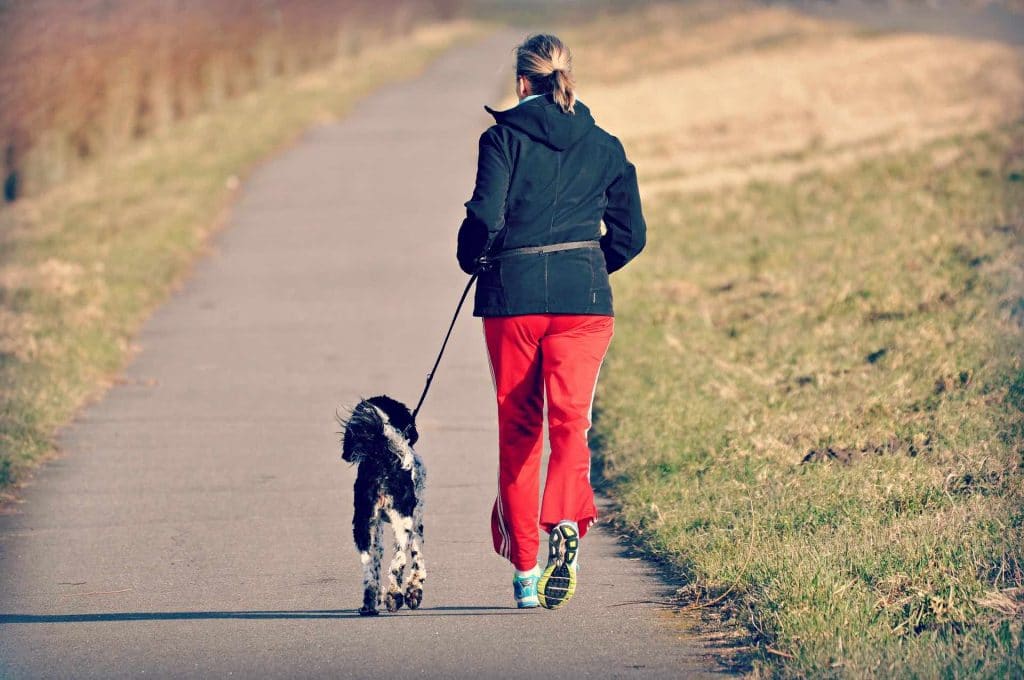 Woman jogging in winter with her dog
