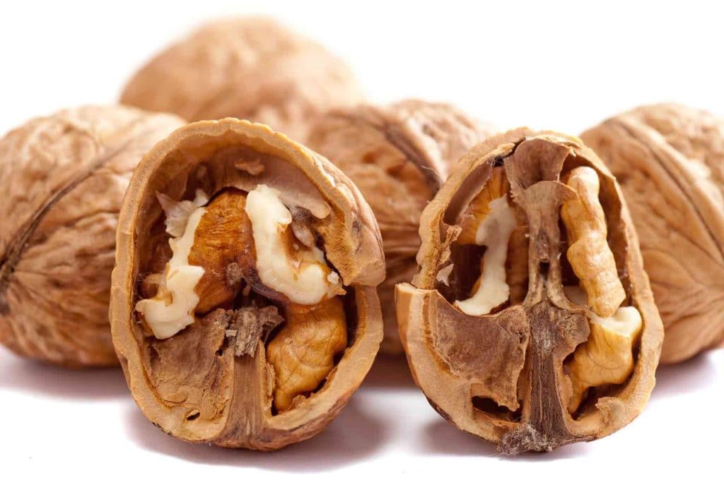 Cross-section of walnuts still in their shells