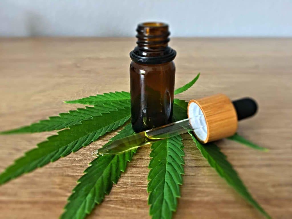 Picture of a cannabis plant leaf and CBD oil dropper