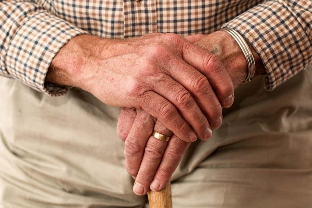 Elderly man's hands on a walking stick